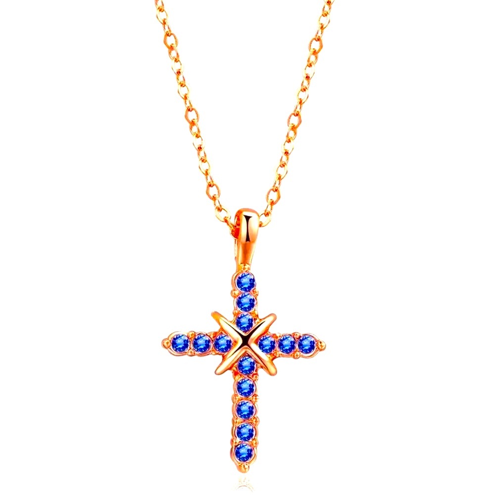 Natural Blue Topaz Gemstone 14K Rose Gold 1.5 CT. T.W. Cross Pendant